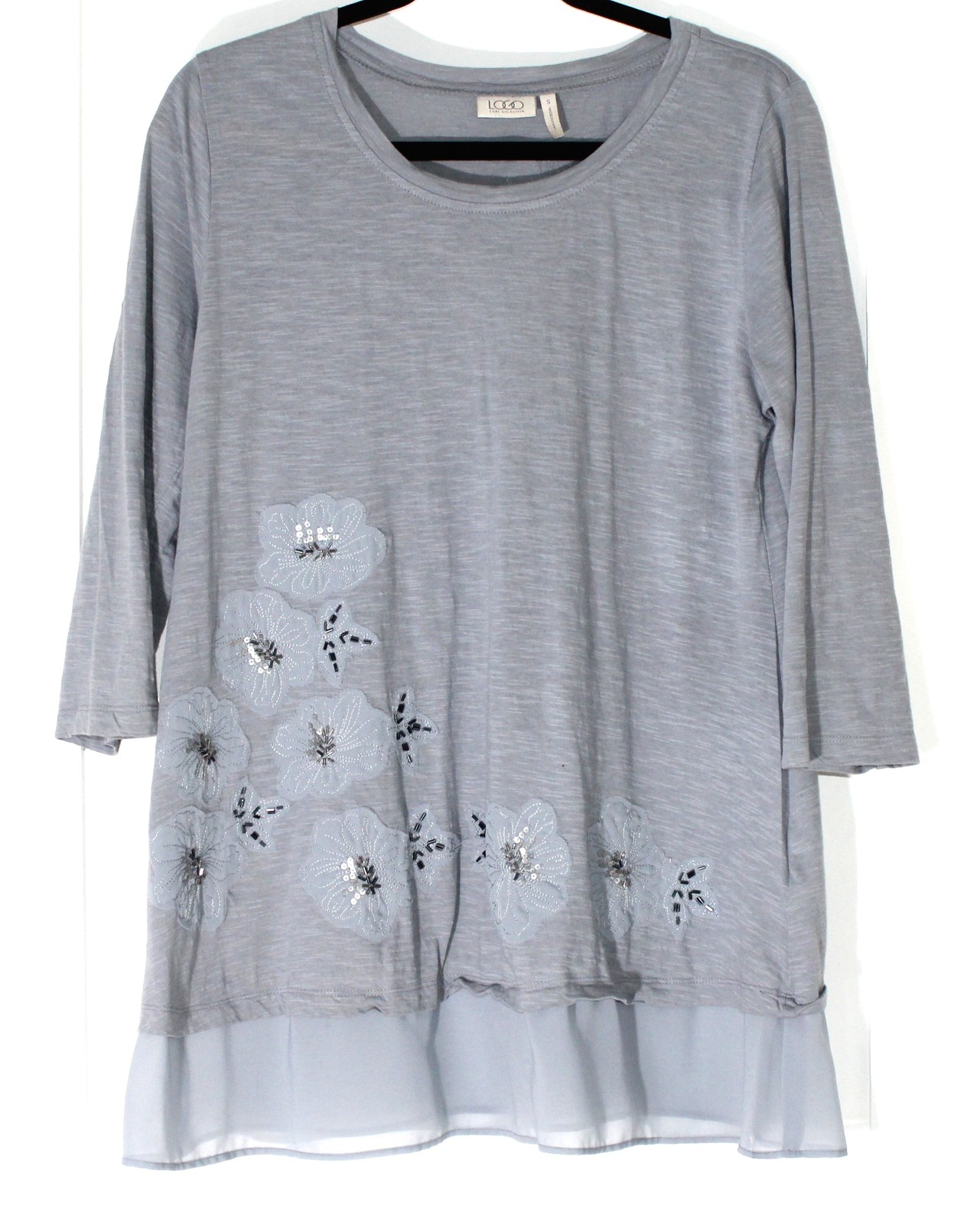 Primary image for LOGO by Lori Goldstein Slub Knit Embellished Top with Trim - Gray - S - A262455