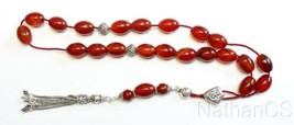 GREEK KOMBOLOI LARGE OVAL CARNELIAN AND STERLING SILVER WORRY BEADS  - £125.75 GBP
