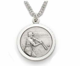 Sterling Silver Boy&#39;s Baseball St Christopher On Back Medal Necklace &amp; Chain - £59.77 GBP