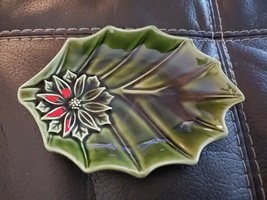 Vintage Enesco Christmas Poinsettia Leaf Berry Ceramic Dish 6.5 x 5 in - £12.14 GBP