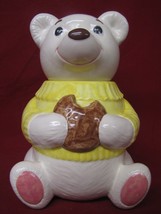 Vintage Ceramic Teddy Bear Cookie Jar  In Yellow Sweater - £27.75 GBP