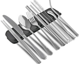 10 Pc. Reusable Stainless Steel Flatware Set Portable Travel Cutlery Set SILVER - £10.44 GBP