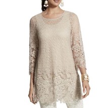 Chicos Collection Mushroom Beige Crochet Lace Floral Tunic 3/4 Sleeves Size 0 - £25.63 GBP