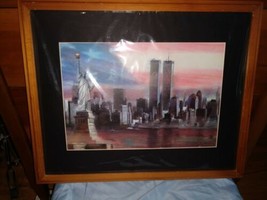 N. Y. C. Skyline w/ American Flag, World Trade Center, Statue Of Liberty by... - £23.98 GBP