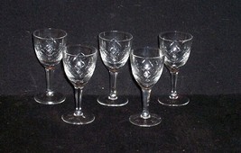 5 Vintage Crystal Cordial Criss-Cross Cut Diamond Stem Bar Glasses Ex - $14.99