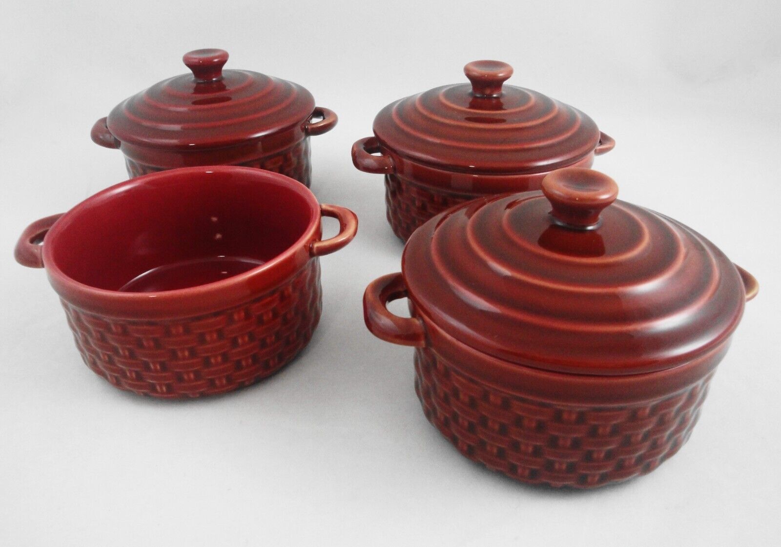 Primary image for Pier 1 One Red Basket Weave Bakeware 4 Individual Bakers 8 oz Ramekin Stoneware