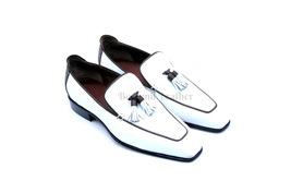 New Handmade White Leather Tassels Loafers Shoes Leather Dress Shoes for Men - £129.88 GBP