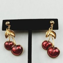 Vintage Avon Cherry Earrings Red Enamel Gold Tone Pierced Signed - £11.93 GBP