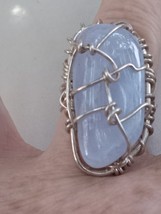 Hand crafted Women&#39;s Light blue agate oblong stone in silver size 8 adjustable - £35.68 GBP