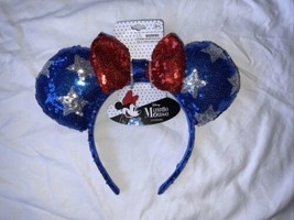 Disney Minnie Mouse Red White Blue Silver Star Sequin Ears 4th Of July H... - $12.86