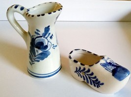 Vintage Delft Pottery Mini Pitcher Blue White Windmill Holland &amp; Miniature Clog - £10.75 GBP