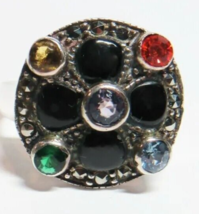 Sterling Silver Ladies Ring with Orange Yellow Green Blue Black Stones Size 7.75 - £19.71 GBP