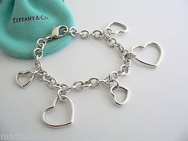 Tiffany &amp; Co Silver 5 Hearts Dangle Bracelet Bangle Link 7.5 In Chain Gift Love - £470.57 GBP