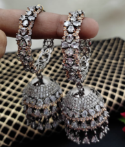 Bollywood Style Indian Antique Black Finish Long CZ Jhumka Earrings Jewelry Set - £74.07 GBP