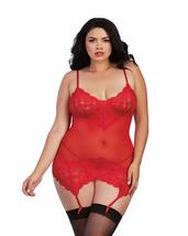 Dreamgirl Women&#39;s Plus Stretch Lace and Mesh Garter Slip with G-String, Ruby, On - £35.51 GBP