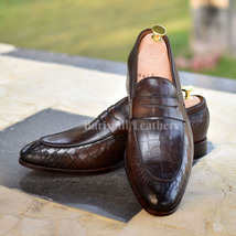 Handmade loafers premium crocodile impression leather dress brown shoes for men - £135.88 GBP+