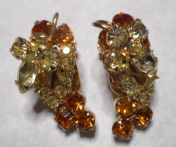 Amber Clear Faceted Rhinestones Gold Tone Clip on Earrings Layered Flora... - £17.36 GBP