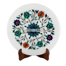 15&quot; White Marble Round Plate Multi Stones Inlay Art Wedding Decorative Gift - £325.71 GBP