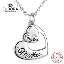 100% 925 Silver Engarved &quot;Mother Daughter&quot; Double Hollow Heart Pendant Necklace  - £31.59 GBP