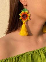 Beaded Sunflower Earrings/Huichol/With Tassel/Hand-made - £14.30 GBP