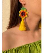 Beaded Sunflower Earrings/Huichol/With Tassel/Hand-made - $17.99