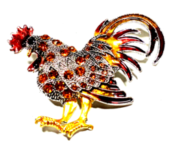 VintageSilver Color, Enamel , Marcasite &amp; Rhinestone ROOSTER 2 &amp; 1/2&quot; Br... - $19.99