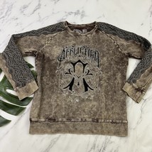 Affliction Womens Pullover Sweatshirt Size L Brown Gray Lace Trim Crew Neck - $32.66