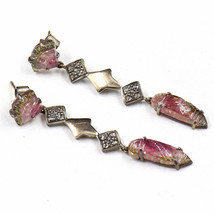 Estate Natural Multi Tourmaline Carved Diamond 18K Gold Silver Victorian Earring - £261.98 GBP