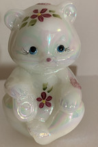 Fenton Bear Uranium Opal Iridescent Hand Painted by M Young Flowers Pink Hearts - £54.47 GBP