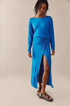 New Free People Alyssa Long Sleeve Wrap Dress Maxi LARGE $128 Blue  - £69.35 GBP
