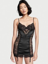 Victoria&#39;s Secret M GARTER SLIP dress merrywidow BLACK lace panel satin - $98.99