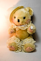 10 Inch Teddy Bear - Feathered Hat, Pearl Necklace, Lace on Feet - £11.40 GBP