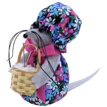 Mouse Knitter Holding Basket with Yarn, Black Daisy Print Dress and Hat ... - $8.95