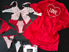 Victoria&#39;s Secret M Conjunto Sujetador + Braga + Tanga Lote + Bata Rojo Blanco - £141.24 GBP