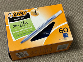 (Box 60 Pens) BiC GSM609 Round Stic Xtra Life Medium Blue Ball Point Pen - £7.40 GBP