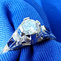 Earth mined Diamond Deco Engagement Ring 0.72 ct Vintage Sapphire Solitaire 14k - $7,374.41 CAD