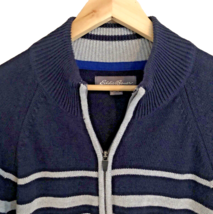 Eddie Bauer Varsity Cardigan Mens LARGE TALL Sweater Full Zip Navy Grey Striped - £15.72 GBP