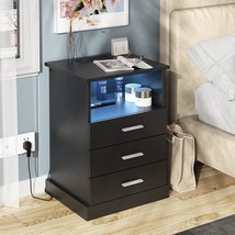 Halitaa Black Led Nightstand With Charging Station, 3 Drawer Side Table, End - £86.83 GBP
