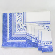 BARDWIL Floral Blue Bordered 62 x 84 Oblong Tablecloth with 6 Napkins - $36.00