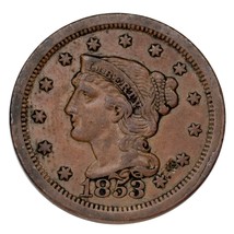 1853 Tressé Cheveux Grand Cents 1C Penny ( Extra Fin , XF État) - $1,444.81 MXN