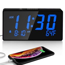 Desk Digital Alarm Clock For Bedroom, Blue 6&quot; Led Display, With Usb Port... - £25.05 GBP