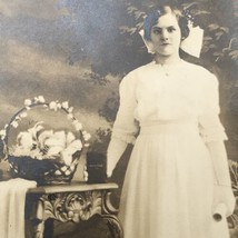 1908-1924 Artura RPPC Portrait Woman in White Dress w/ Basket on Table Postcard - £9.55 GBP