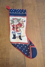 VTG Needlepoint Christmas Stocking Santa With Toys Red/White/Blue Velvet Back  - £20.29 GBP
