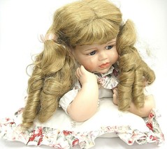 Porcelain Doll 15&quot; Crying w Tears Lying Elbows on Pillow Blonde Ringlets Sweet - £18.78 GBP