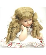 Porcelain Doll 15&quot; Crying w Tears Lying Elbows on Pillow Blonde Ringlets... - $23.26