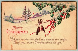 Merry Christmas Cabina Scene Agrifoglio Sparrows Poesia 1925 DB Cartolina I7 - £5.64 GBP