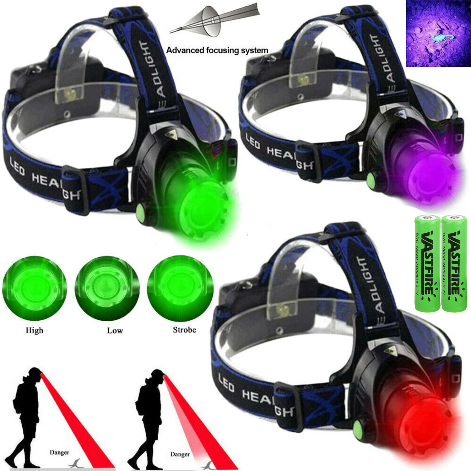 Outdoor Tools 2000LM Zoomable Headlamp Green/Red/UV 395NM Light Waterproof USB - £19.16 GBP+