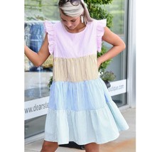 BiBi Striped Flutter Sleeve Tiered Swing Dress Pink Tan Blue Green White... - £21.15 GBP