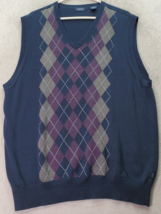 IZOD Sweater Vest Men&#39;s XL Navy Argyle Knit 100% Cotton Sleeveless V Neck Logo - £14.72 GBP