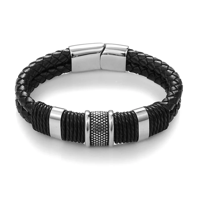 Braid Genuine Leather Bracelet Titanium Stainless Steel Bracelet Men Woven Bangl - £17.87 GBP